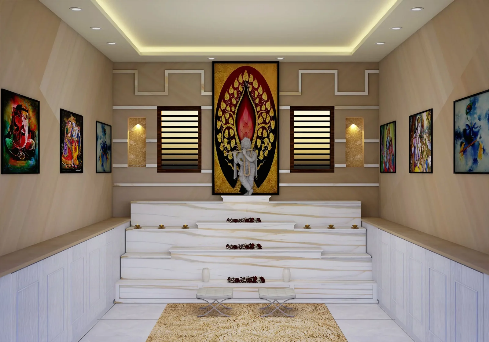 Pooja room designs with a 3D art on the walls