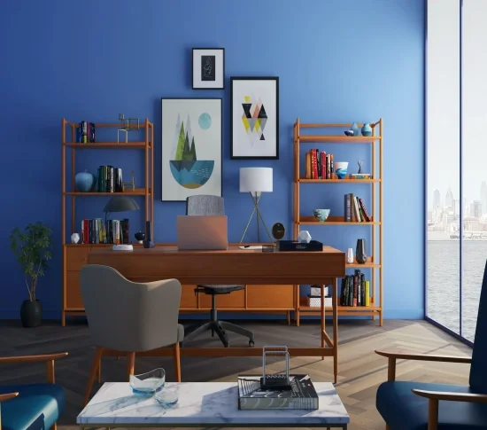 Aqua themed study room in home interiors